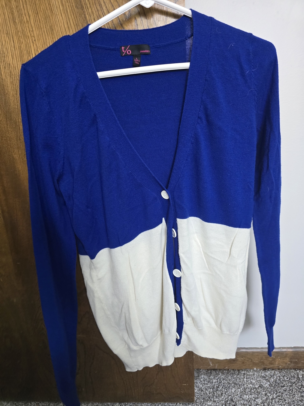 Two-Tone V-Neck Button Cardigan - Blue & Cream With HEART Elbows